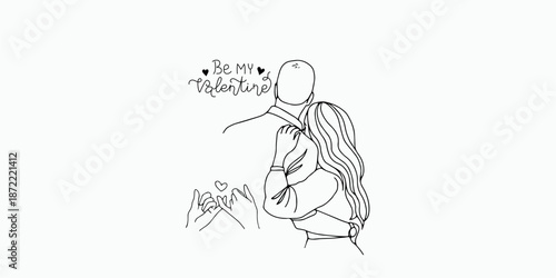 Romantic Couple Hugging Line Art with Be My Valentine Text and Pinky Promise Icon