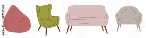 Minimalist flat illustration of four mid-century modern armchairs in soft muted colors with clean lines and Scandinavian style. Isolated on transparent background