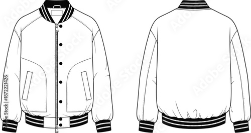 Women's apparel technical fashion flat bundle featuring varsity bomber jacket, tailored coat, kimono, wrap blouse, racerback bodysuit, and athletic sports bra manufacturing design templates