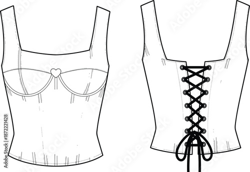 Women's corset top technical flat sketch, lace up back cupped bodice bustier vector template, fashion design CAD mockup, front and back view, cottagecore.