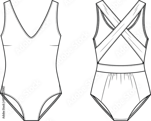 Women's one piece swimsuit technical flat sketch, cross back plunging v-neck bodysuit vector template, fashion design CAD mockup, front and back view, swimwear.