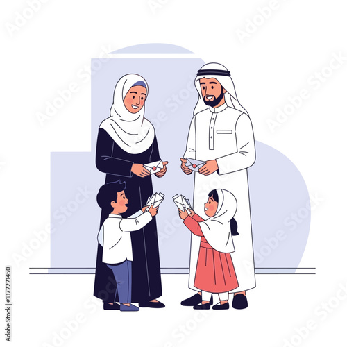 Arab family celebrating Eid, parents giving Eidiya money to their happy children in traditional attire.