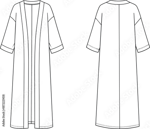 Women's long kimono cardigan technical flat sketch, oversized open front abaya vector template, fashion design CAD mockup, front and back view, modest wear robe.