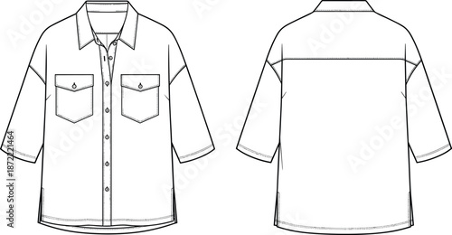 Women's oversized button-down shirt technical fashion sketch, front and back view, short sleeve utility blouse, casual workwear apparel template for design and manufacturing
