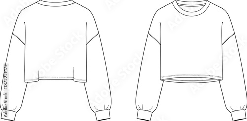 Women's oversized cropped sweatshirt technical flat sketch, long sleeve drop shoulder crew neck sweater vector template, fashion design CAD mockup back and front view.