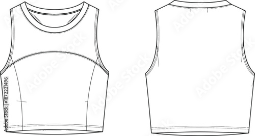 Women's sleeveless crop top technical fashion sketch, front and back view, athletic sports bra template, casual activewear tank blouse for design and manufacturing.