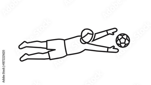 A simple line drawing depicts a goalkeeper diving to save a soccer ball