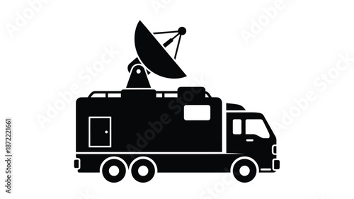 A black silhouette of a satellite truck broadcasting equipment on wheels communication technology