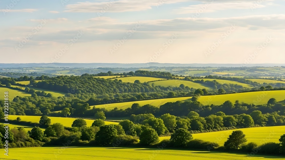 Obraz premium Rolling Green Hills and Golden Fields in Sunny Countryside Landscape with Blue Sky