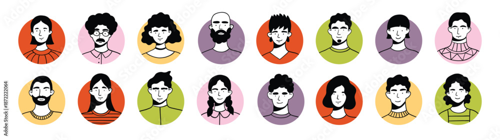 Fototapeta premium Set of various avatars. Male and female, hand drawn doodle style, black and white on bright circles. Abstract avatars in round shapes, smiling diverse portraits. Isolated circles on white background.