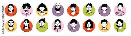 Set of various avatars. Male and female, hand drawn doodle style, black and white on bright circles. Abstract avatars in round shapes, smiling diverse portraits. Isolated circles on white background.