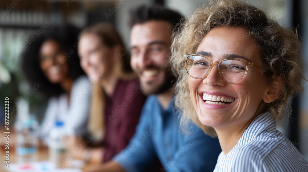Obraz premium Diverse businesspeople laughing during meeting, in office display visualization, professional camaraderie concept, workplace diversity representation, team bonding aesthetic , with copy