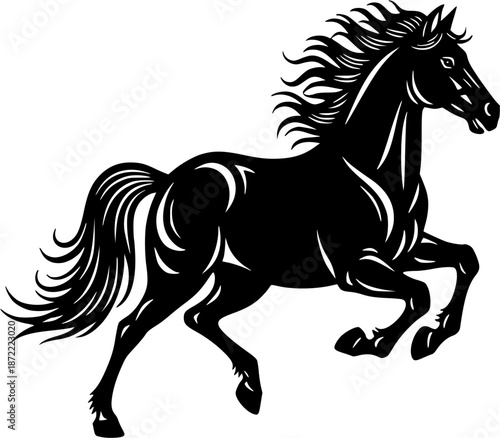 Lunar New Year 2026: A dynamic silhouette of a galloping horse in a traditional Chinese paper-cut style. Elegant, flowing lines for the Year of the Horse.