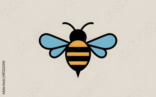 Vibrant bee icon with blue wings on beige background