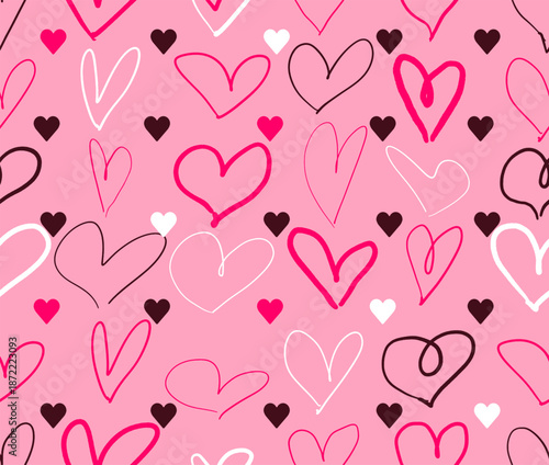 Seamless romantic pattern with various heart shapes on a pink background. Cute design for Valentine’s Day cards, wedding invitations, gift wrapping, textile prints, wallpapers, digital backgrounds.