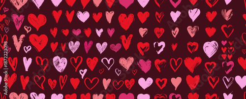 Hand drawn red, pink heart seamless pattern. Romantic love background for Valentine’s Day, weddings, textile, fabric prints, wrapping paper, greeting cards, wallpaper, festive holiday decorations.