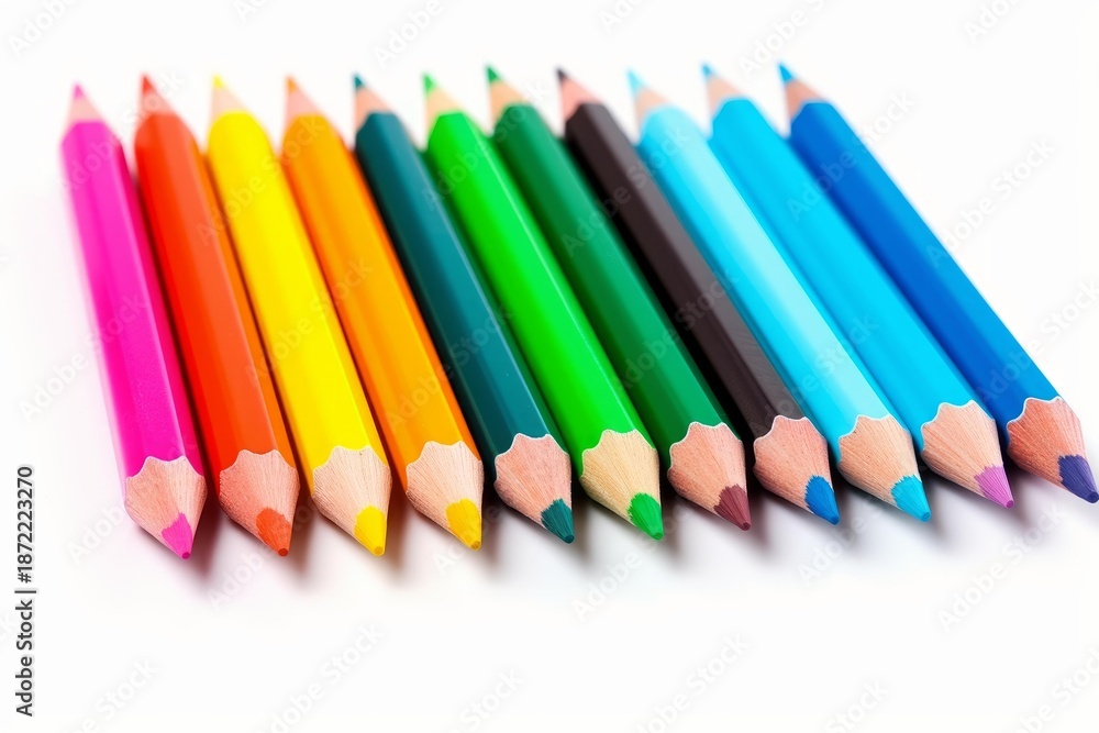 Fototapeta premium Sharp colored pencils creating a colorful line against a white background