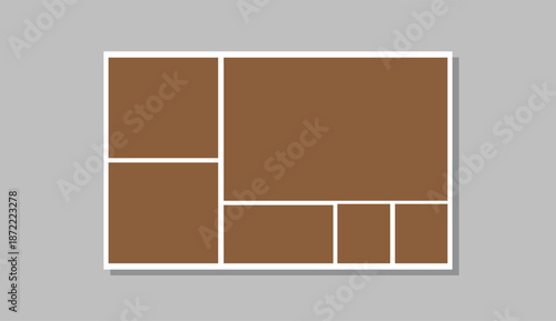 Modern photo collage template with four empty frames taped on grey background