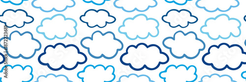 blue clouds sky seamless pattern white background hand drawn outline fluffy cloud vector illustration for nursery decor