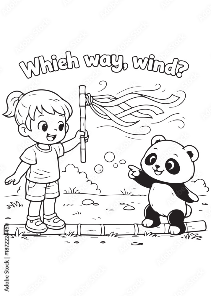 Fototapeta premium coloring book boy discovering wind direction with panda using ribbons and movement