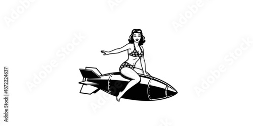 Pin up woman in bikini swimsuit riding a bomb like a surfer, isolated on the color background. Vintage nose art style vector illustration.