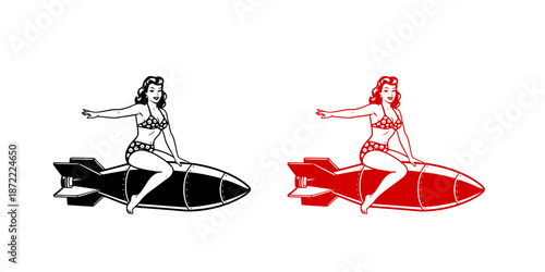 Pin up woman in bikini swimsuit riding a bomb like a surfer, isolated on the color background. Vintage nose art style vector illustration.