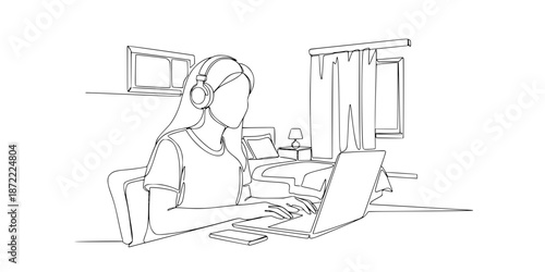 One continuous line drawing of teen girl school student wear headphone and watch video online webinar learn on laptop. Distance E-learning course video conference pc call in bedroom at home.
