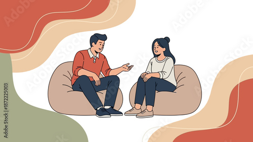 Couple having a conversation on comfortable bean bag chairs