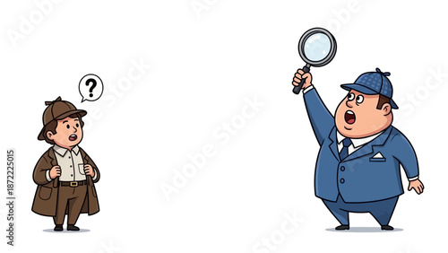 Two detectives investigating with magnifying glass and question