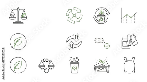 Eco friendly business icons for sustainable practices and green initiatives