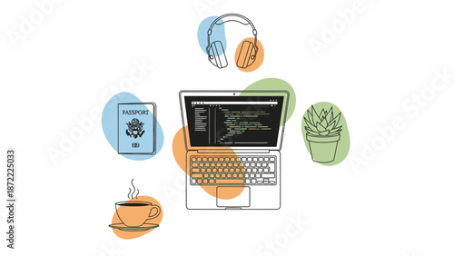 Remote worker coding on laptop with travel and comfort items