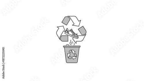 Recycling symbol with sneaker going into trash can
