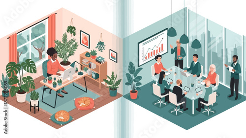 Modern office spaces with diverse professionals working productively