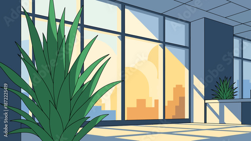 modern office interior with large windows city view golden light and green plants perfect for corporate design visuals.