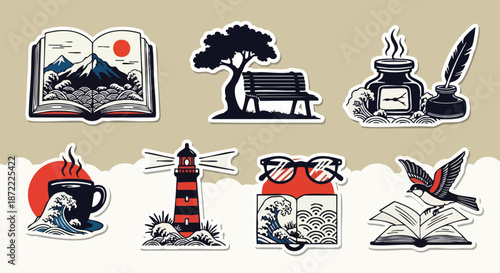 Vintage aesthetic stickers: books, inkwell, lighthouse, nature scenes. Themes of reading, writing, travel, and relaxation with a Japanese influence.