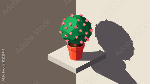potted plant illustration showcasing a low poly isometric topiary with pink flowers on a white shelf against a divided wall background for modern digital design and home decor concepts.