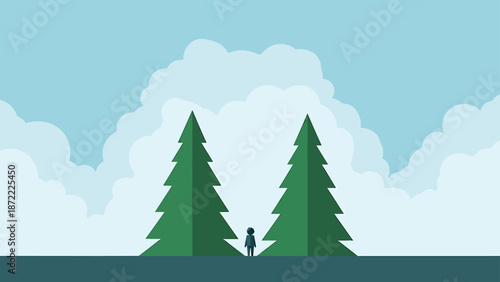 person standing between two tall green trees in a minimalist forest setting representing a life journey choice and future direction