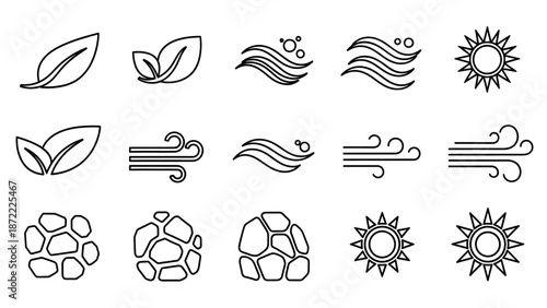 Natural Elements Line Icons Set Earth Air Sun Water Leaf Stone Symbols Vector