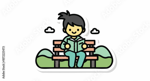 Cute doodle style sticker illustration of a happy young person sitting on a park bench and reading a book outdoors. Cartoon character enjoying leisure time and learning.