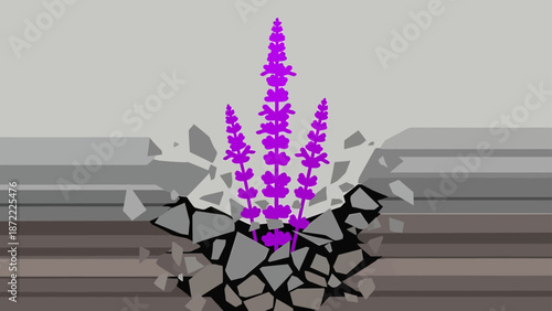 purple flowers breaking through concrete symbolizing resilience and strength in an urban environment illustrating growth and overcoming adversity concept