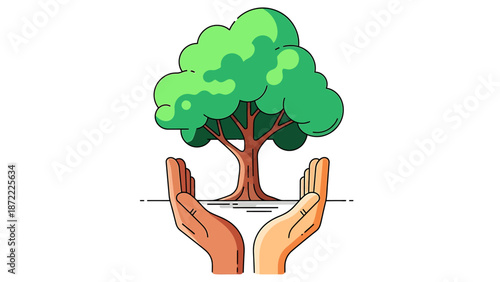 sustainability hands tree illustration showing diverse hands nurturing a vibrant green plant ideal for eco-friendly campaigns and growth concepts.