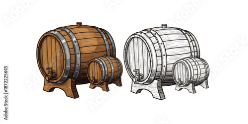 Beer or wine barrels ioslated on white background, engraving style color and black and white vector illustration

