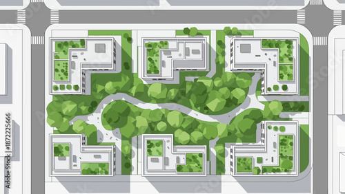sustainable city design illustration showing a modern urban residential area with green roofs and a public park ideal for eco-friendly development projects.