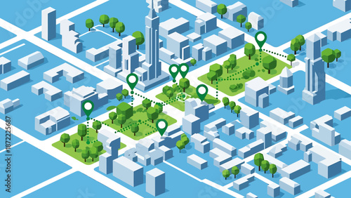 sustainable city map illustration showing green urban planning with parks buildings and a dotted route marked by location pins.