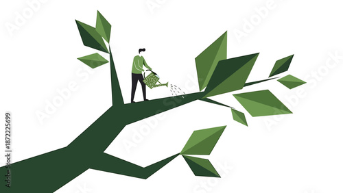sustainable growth a man watering a stylized tree representing environmental care long-term investment and nurturing future business prosperity.