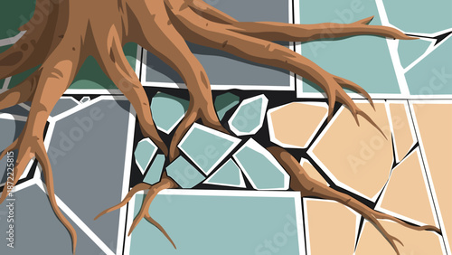 tree roots breaking concrete pavement illustration showcasing the powerful force of nature and its environmental impact on man-made structures.