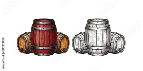 Beer or wine barrels ioslated on white background, engraving style color and black and white vector illustration
