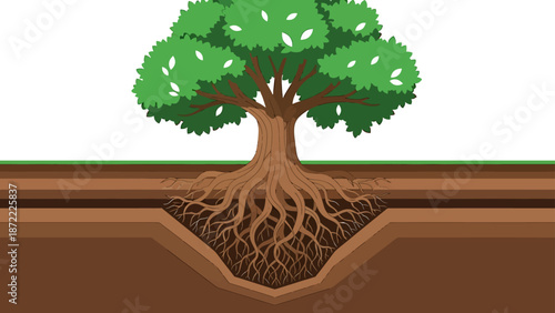 tree roots illustration showing deep underground network within layered soil for foundational growth stability and ecological importance