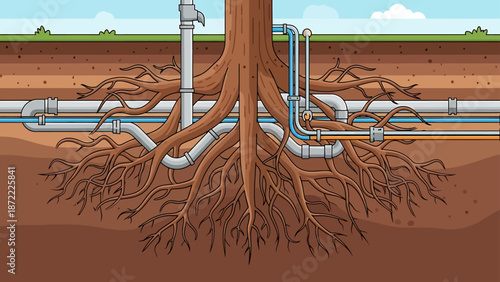 tree roots damaging pipes underground in a detailed cross-section illustration highlighting common infrastructure issues for home maintenance articles