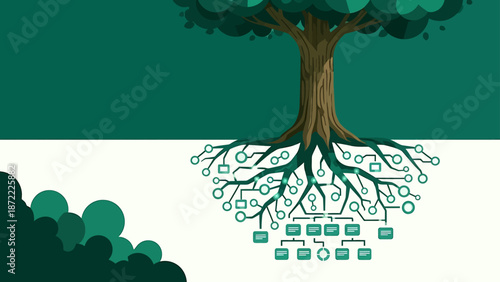 tree roots transforming into a digital network symbolizing the fundamental architecture of data systems and organizational flow for business